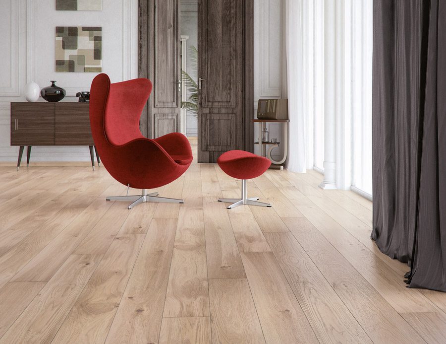 Parquet Oak, Grande Banana Song, 1-strip, beveled, brushed, stained, matt lacquer