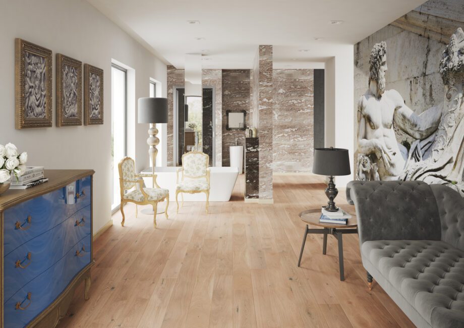 Parquet Oak, Grande Banana Song, 1-strip, beveled, brushed, stained, matt lacquer