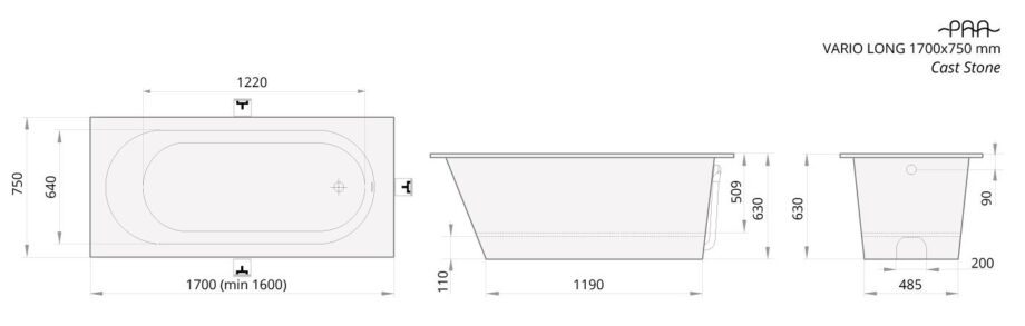 Bathtub PAA VARIO LONG cast stone, with 1 rounded corner