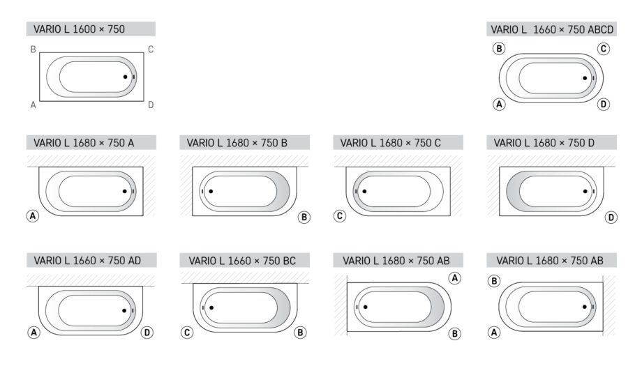 Bathtub PAA VARIO LONG cast stone, with B,A rounded corners