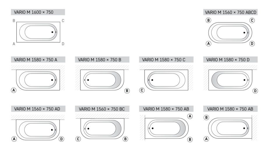 Bathtub PAA VARIO cast stone with 2 rounded corners