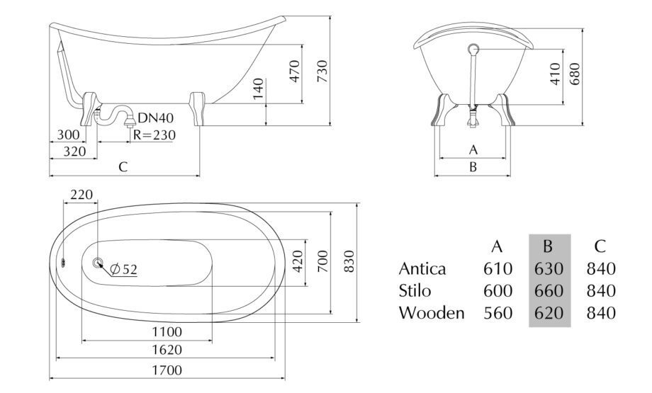 Bathtub PAA VICTORIA cast stone; bathtub with wooden legs