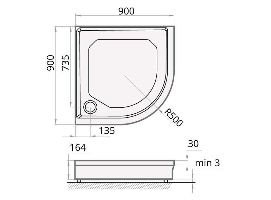 Shower tray PAA CLASSIC RO 90 R 500 + panel & adjustable legs