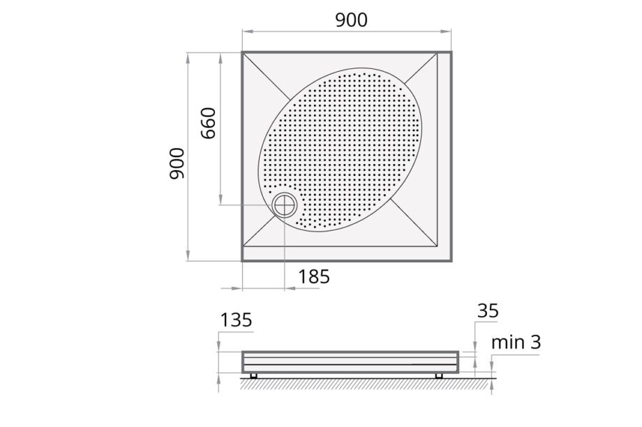 Shower tray PAA ART KV90 + panel & adjustable legs