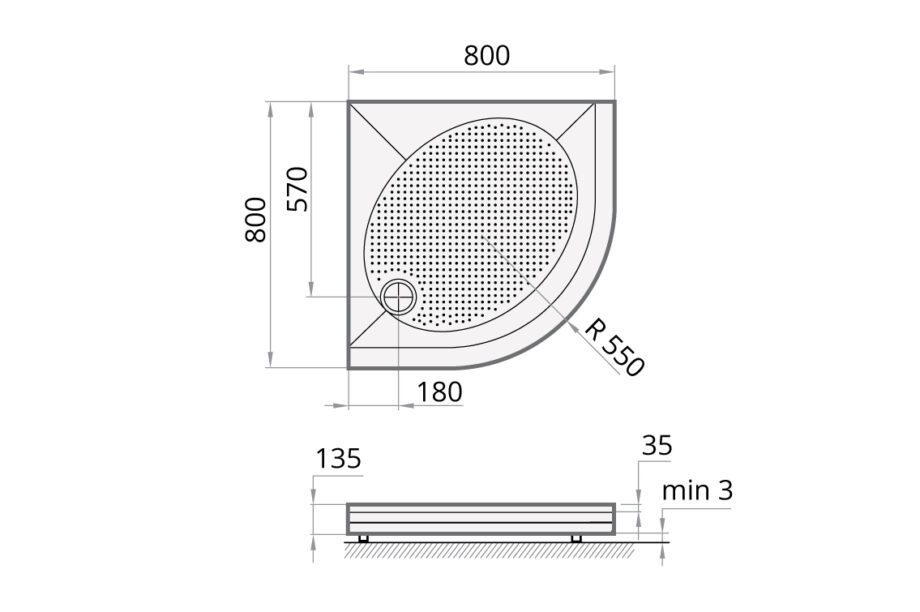 Shower tray PAA ART RO80 R550 + panel & adjustable legs