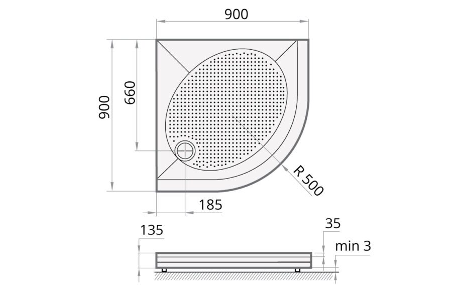 Shower tray PAA ART RO90 R500 + panel & adjustable legs