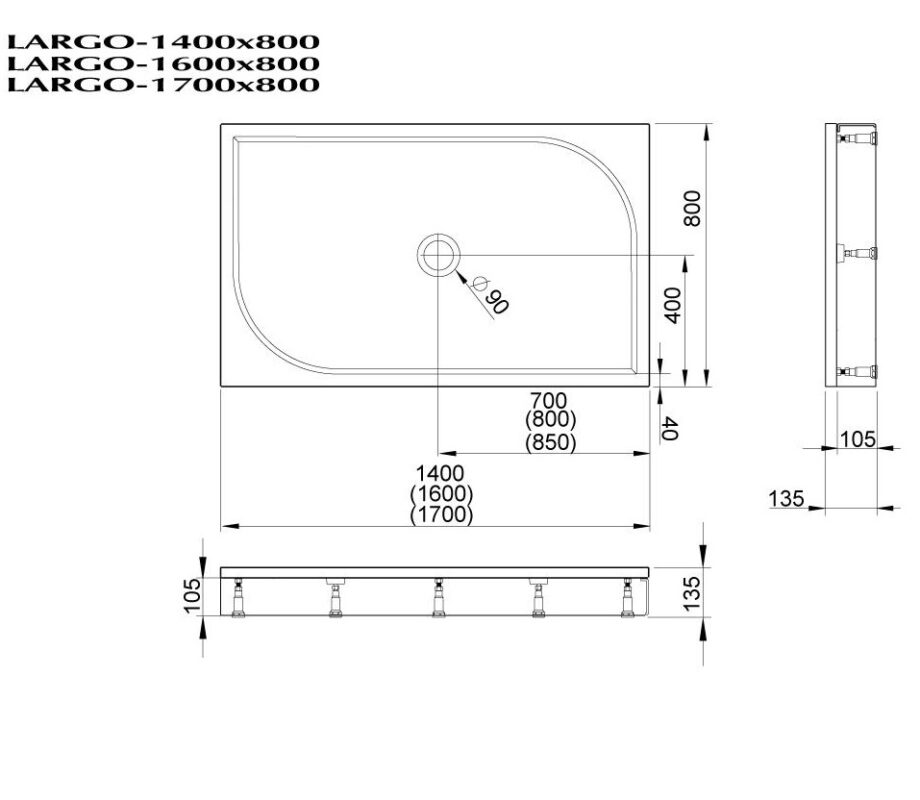 Shower tray PAA LARGO 80x160 + panel & adjustable legs