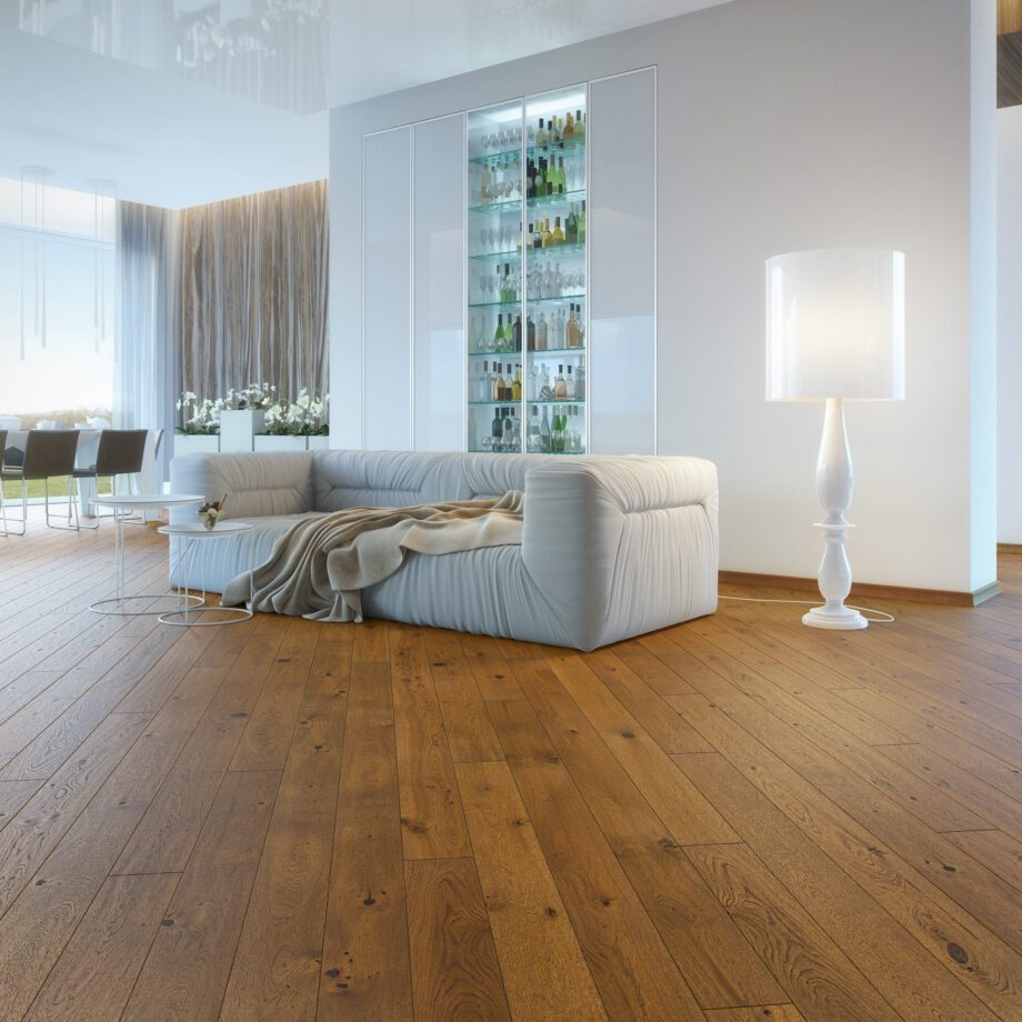 Parquet Oak, Piccolo Brown Sugar, 1-strip, beveled, stained, brushed, matt lacquer