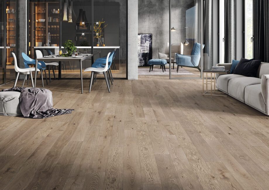 Parquet Oak, Medio Bowfell, 1-strip, beveled, stained, brushed, matt lacquer