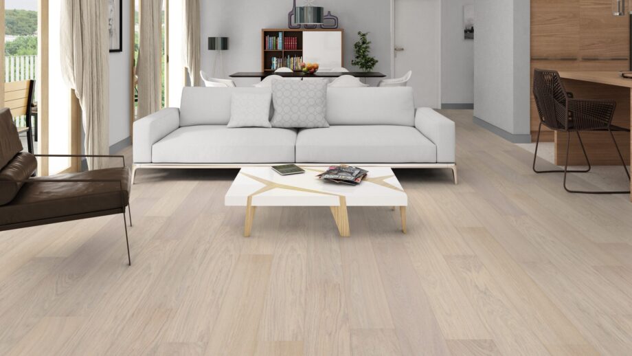 Parquet Tarkett, Viva, Oak Off-White, 1-strip, 4 sides bevelled, brushed, Proteco Natura mat lacquer