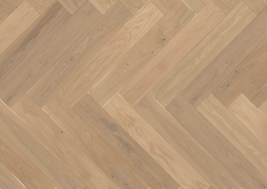 Parquet Oak, ter Hürne, raw oak herringbone, brushed, beveled, extra matt lacquered