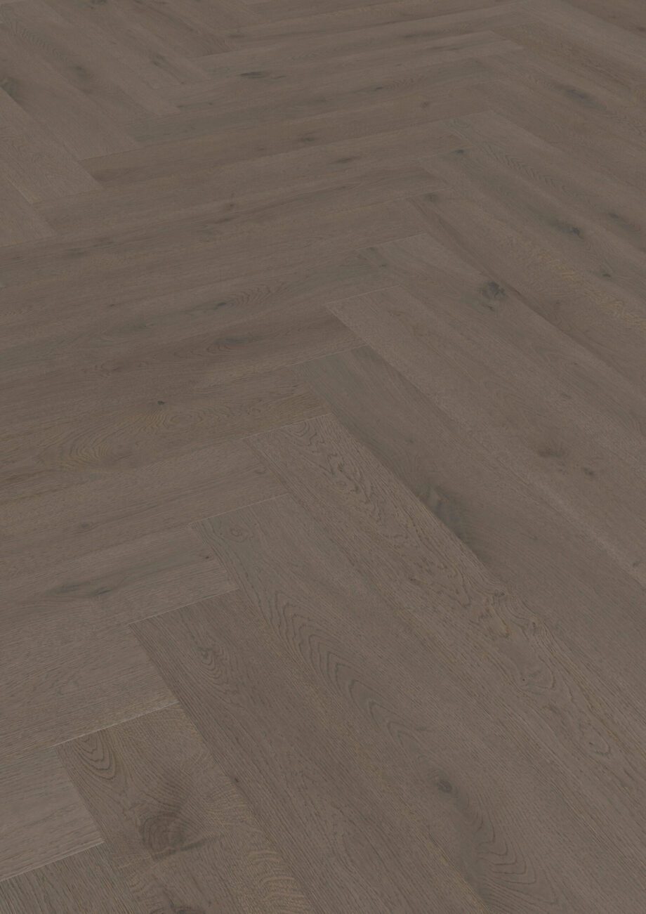 Parquet Oak, ter Hürne, herringbone, Oak basalt brown, brushed, beveled, extra matt lacquered