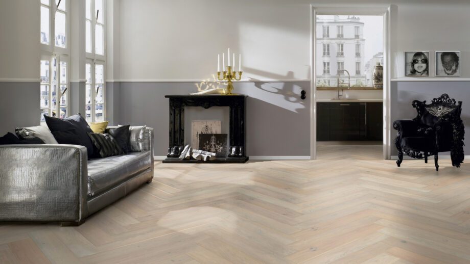 Parquet Oak, ter Hürne, Oak sand grey, herringbone, brushed, beveled, natural oil-treated