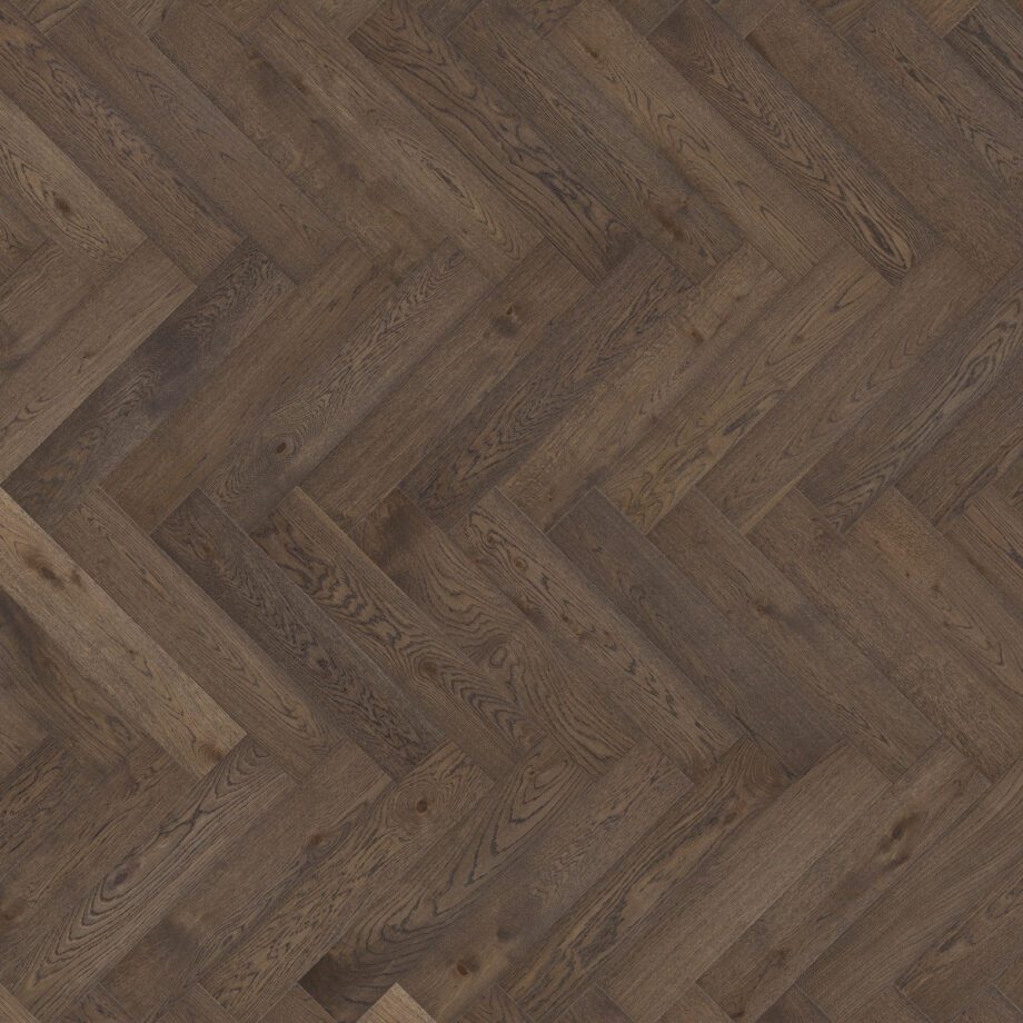 Herringbone parquet oak, Tarkett, Segno Oak Old Brown, brushed, beveled, hardwax oil, left modular