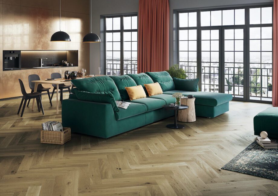 Parquet Oak, Toffee, 1-strip, beveled, brushed, stained, natural oil, herringbone, click