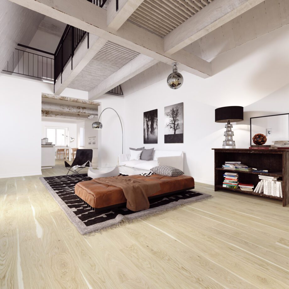 Parquet Oak, Oak Nordic London, 1-strip, brushed, beveled, white extra matte lacquer 5-11%