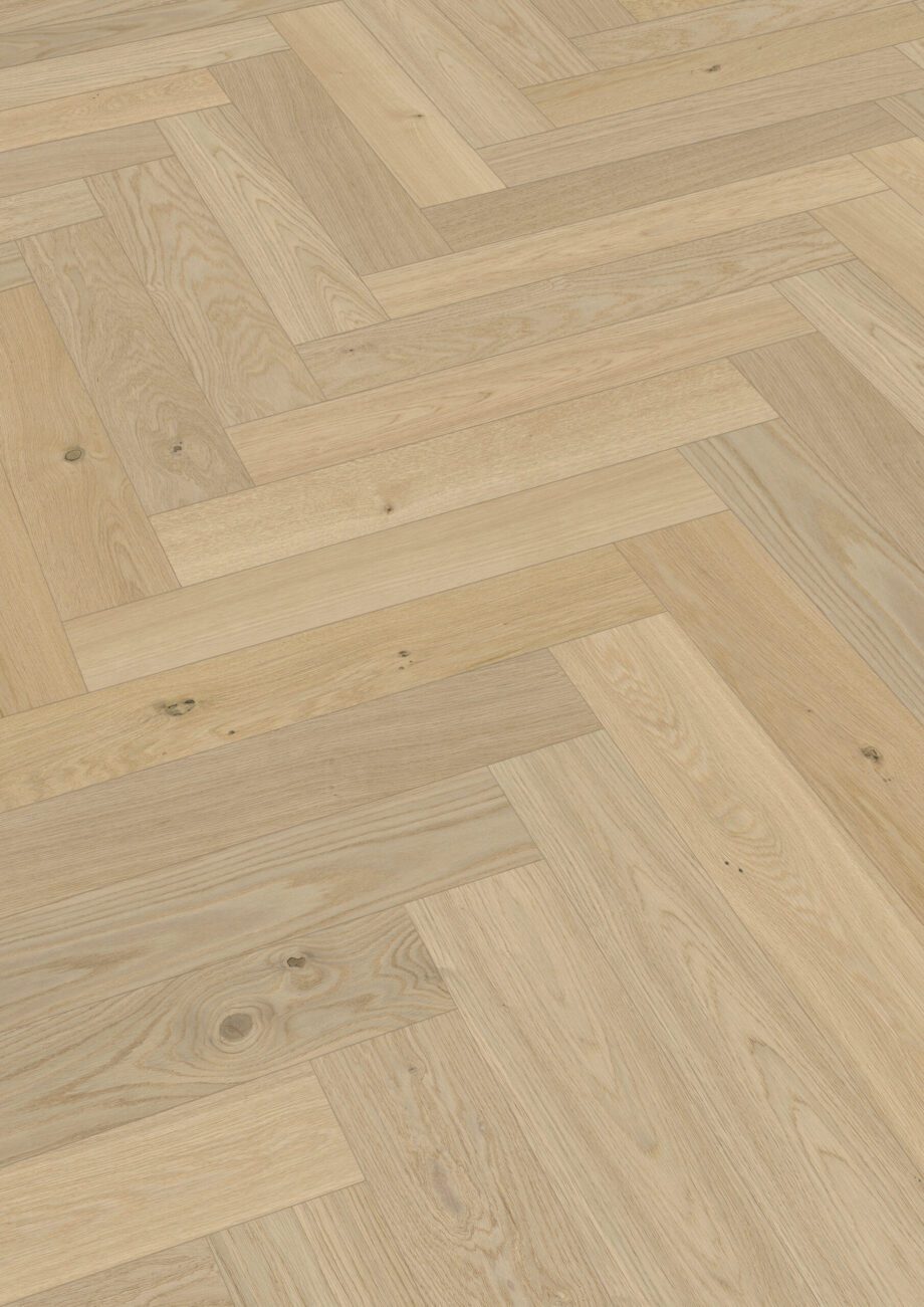 Herringbone parquet Meister Lindura Classic Alabaster Oak, brushed, ultra matt lacquered