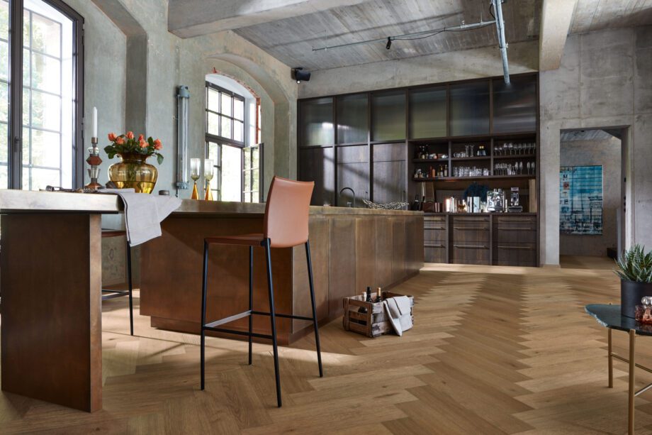 Herringbone parquet Meister Lindura Classic Greige Oak, brushed, ultra matt lacquered