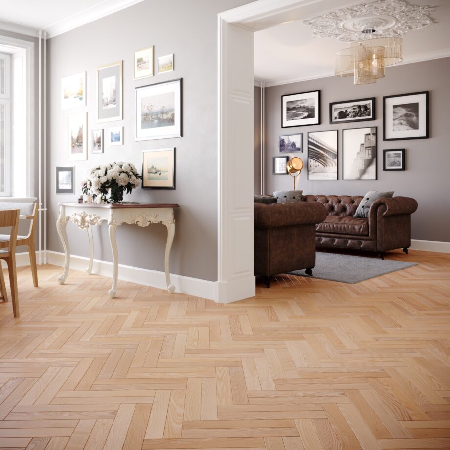 Herringbone parquet ash natur, beveled 4 sides, oiled