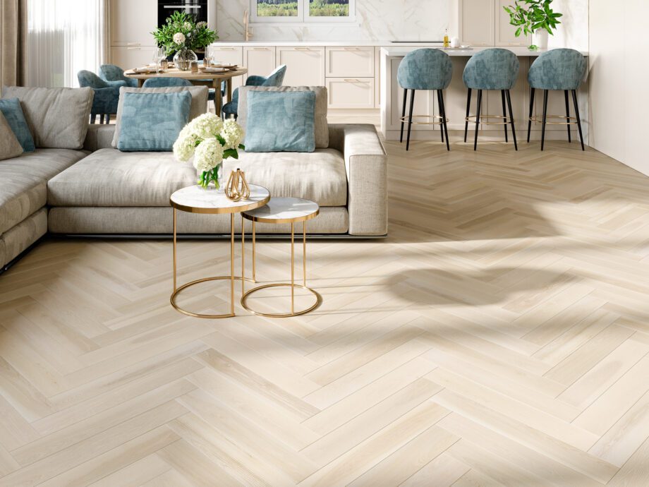 Parquet ash, EstaParket, Ash Herringbone Elegant Frost Ivory Pores, beveled, brushed, lacquer 5%, herringbone