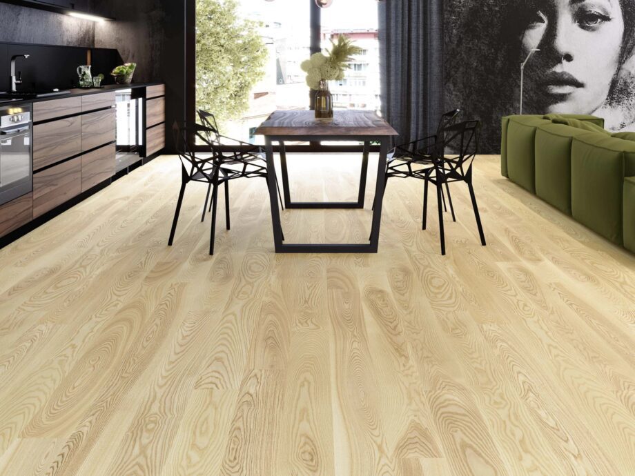 Parquet ash, elegant pure line, 1-strip, brushed, beveled, lacquer 5%