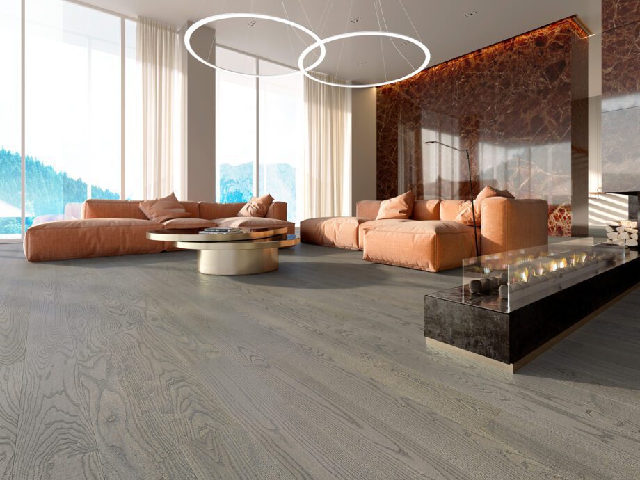 Parquet ash, elegant dusky grey, 1-strip, brushed, beveled, extra mat lacquer 5%