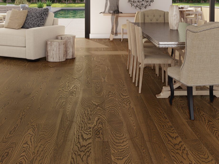 Parquet ash, elegant walnut color, 1-strip, brushed, beveled, extra mat lacquer 5%