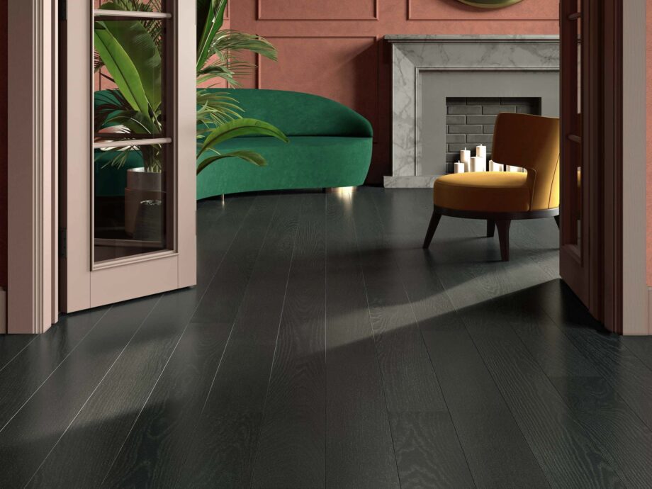 Parquet ash, elegant onyx, 1-strip, brushed, beveled, mat lacquer 15-20%