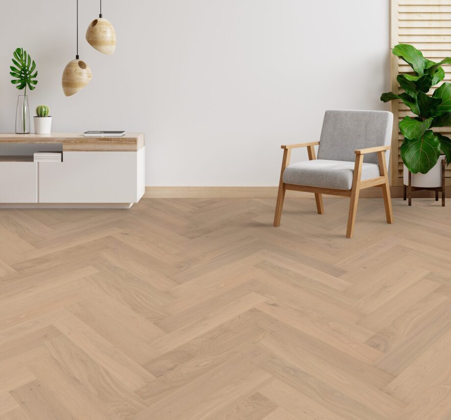 Herringbone parquet Oak NAC, 4 sides beveled, brushed, matt lacquered