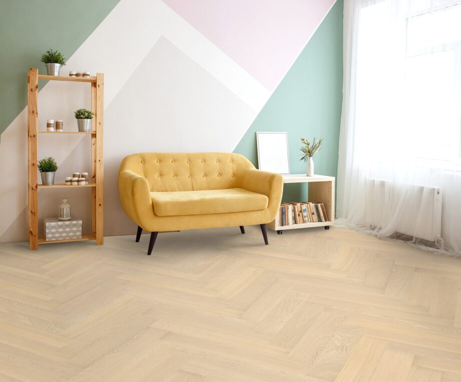 Herringbone parquet Oak QUA, 4 sides beveled, brushed, matt lacquered