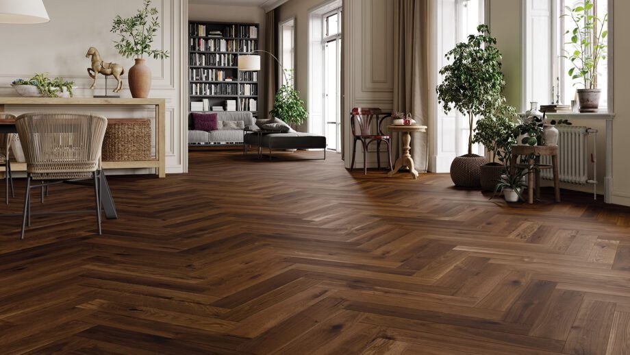 Herringbone flooring Smoked Oak beveled, brushed, matt lacquered