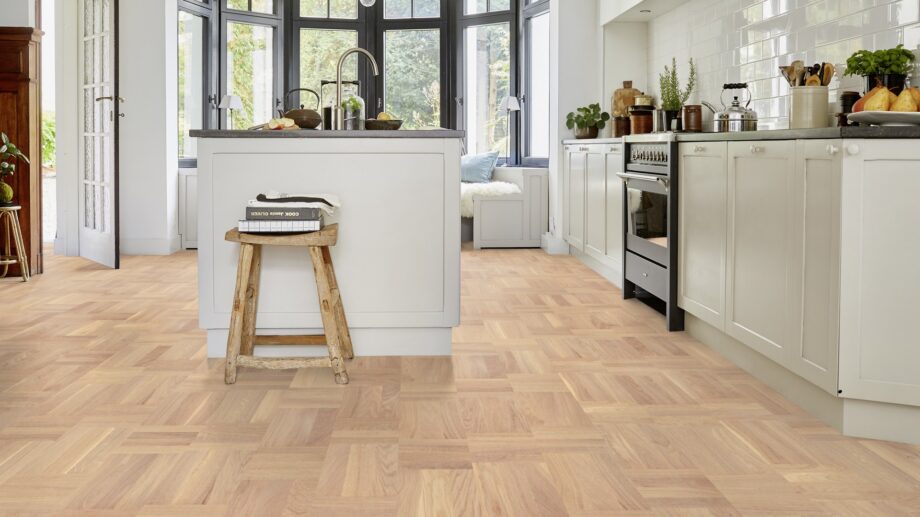 wooden-floor-tarkett-grace-oak-era-basket-weave-ultra-matt-lacquered Wooden floor Tarkett Grace Oak Era basket weave installed on kitchen floor.
