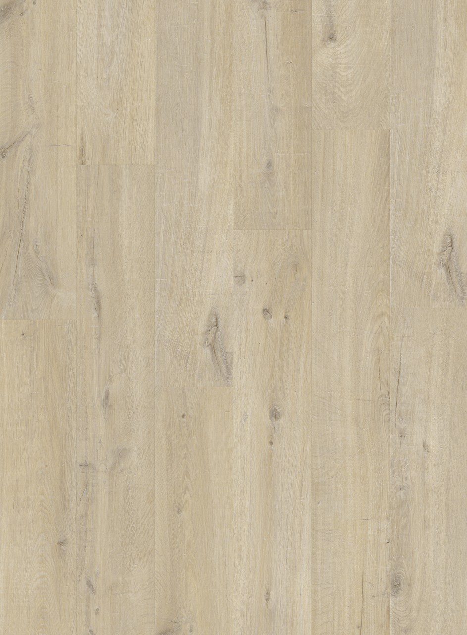 Vinüülparkett Quick-Step Bloom Cotton Oak Beige heleda kergelt hallika tooniga ja rustikaalse tammelaua disainiga.