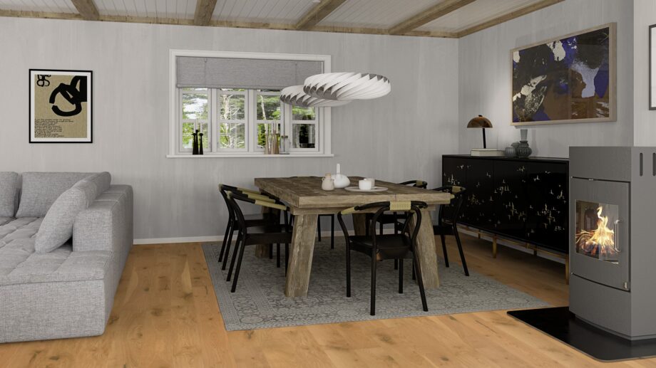 laudparkett-bauwerk-casapark-tamm-56-harjatud-matt-lakk-138 Laudparkett Bauwerk Casapark tamm 56 rustikaalse sorteeringuga paigaldatud elutoa põrandale. Rustikaalne laud, kamin, diivan. Söögilaua all on tükivaip.