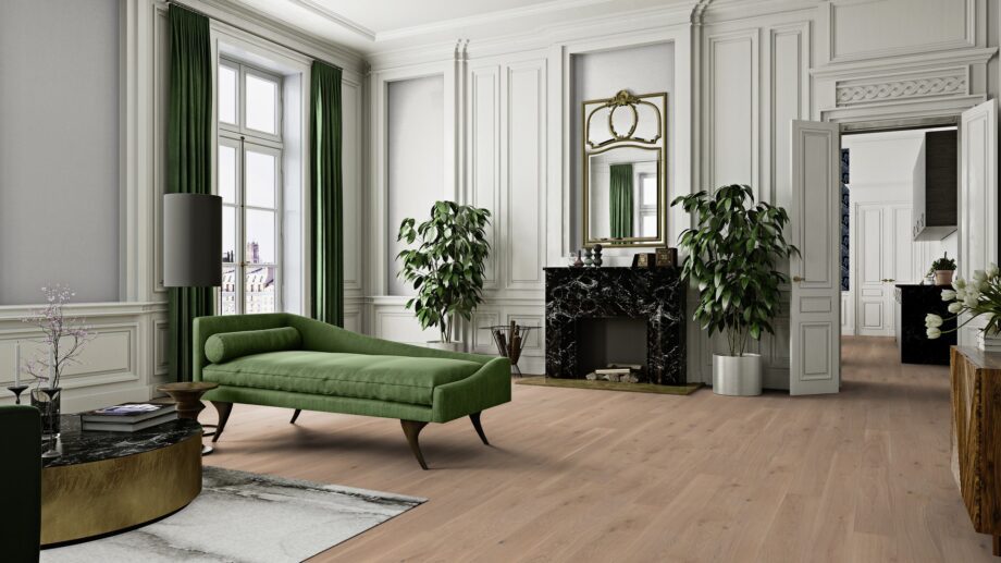 Naturaalparkett Bauwerk Casapark tamm 35 Crema harjatud ja heleda matt lakiga viimistletud paigaldatud klassikalise kõrgete lagedega elutoa põrandale.
