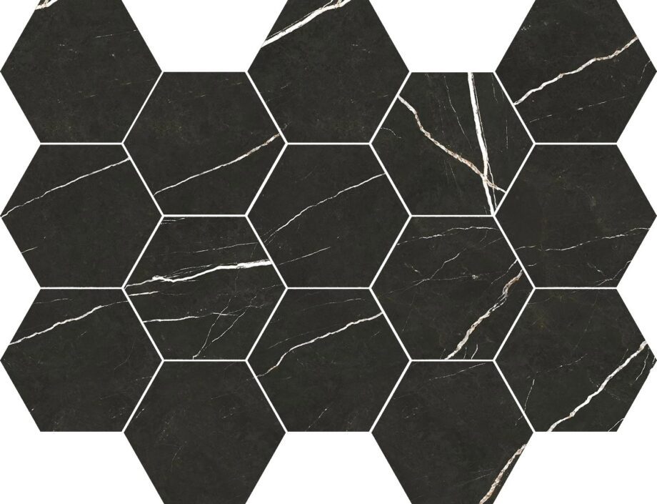 036.297.0157.09213-1 Marmorefektiga kuusnurkne mosaiikplaat Tau Elite Black Hex, 32,5x22,5 cm, must