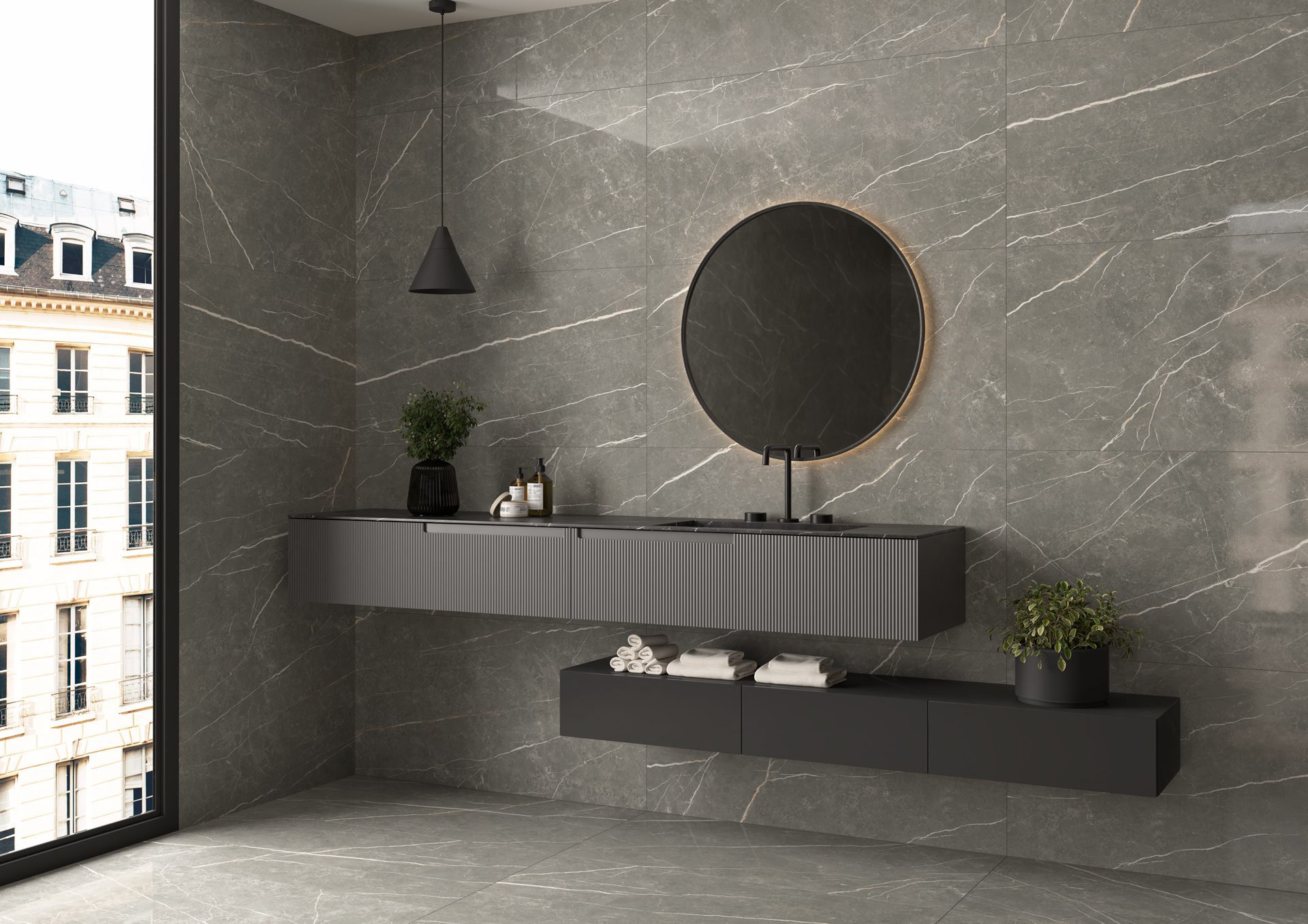 Marmorefektiga poleeritud keraamiline põrandaplaat Tau Elite Graphite Pol, 120x120 cm, 9 mm, grafiithall, rektifitseeritud