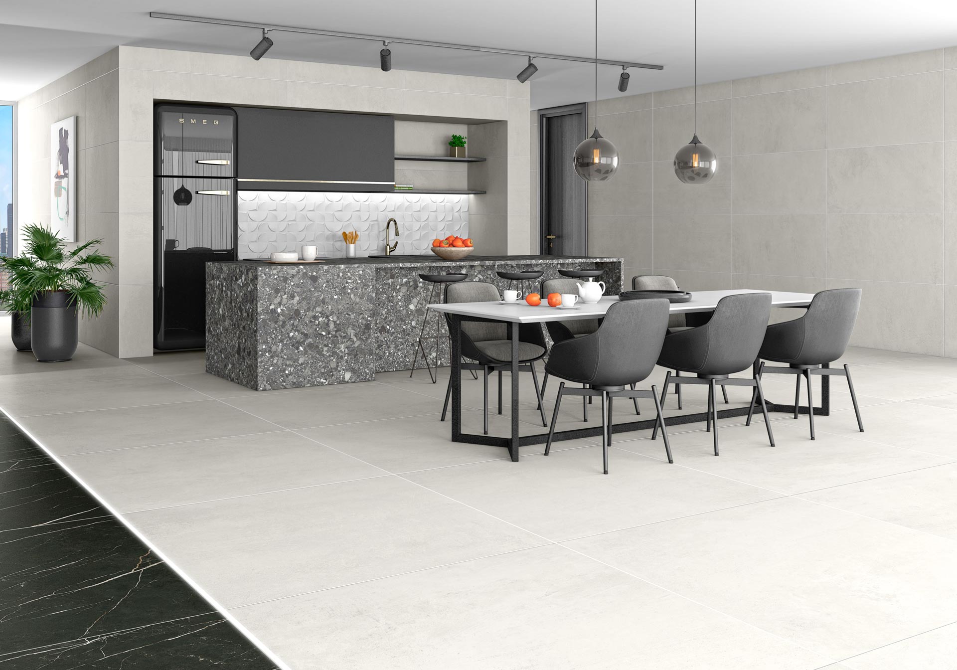 Betoonimustriga matt keraamiline põrandaplaat Tau Lema White, 120x120 cm, 9 mm, valge, R10, rektifitseeritud