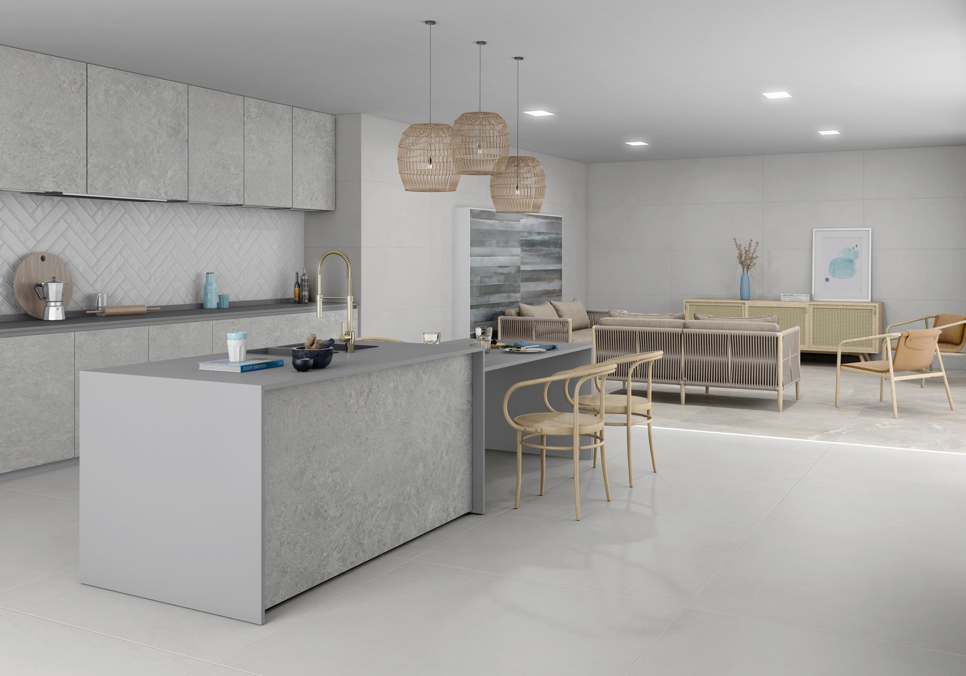 Betoonimustriga matt keraamiline põrandaplaat Tau Integra White, 120x120 cm, 9 mm, valge, R10, rektifitseeritud
