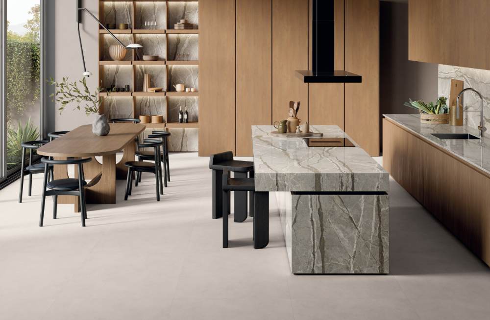 Solid colour porcelain floor tile ABK Alterego Milk, 120x120 cm, 8.5 mm, natural matt, slip-resistant R10