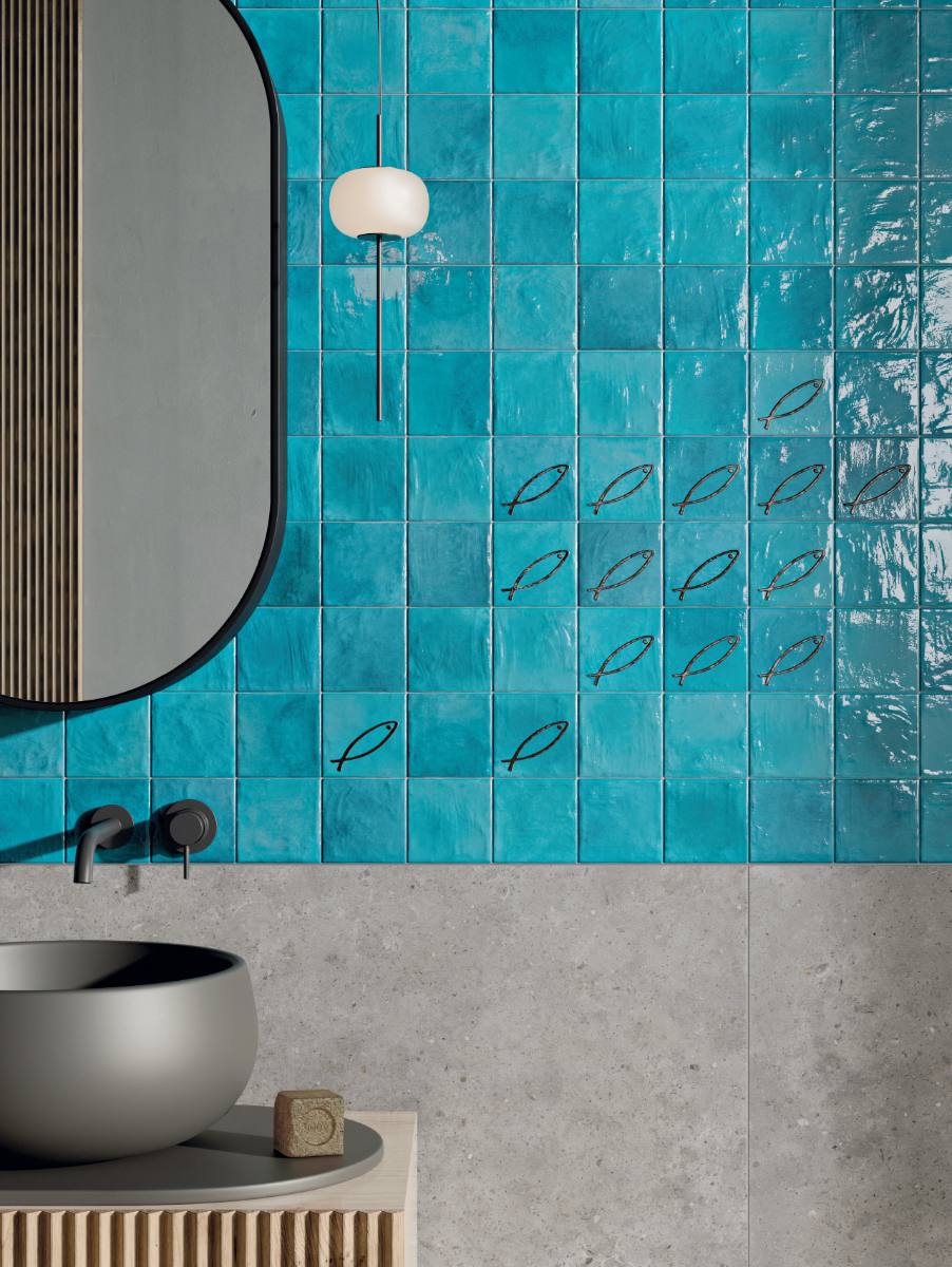 Coloured ceramic wall tile for bathroom and kitchen ABK Poetry Colors Turquoise, 7.5x15 cm, 8.5 mm, glazed, handcrafted look