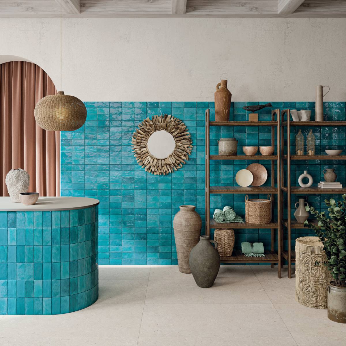 Coloured ceramic wall tile for bathroom and kitchen ABK Poetry Colors Turquoise, 7.5x15 cm, 8.5 mm, glazed, handcrafted look