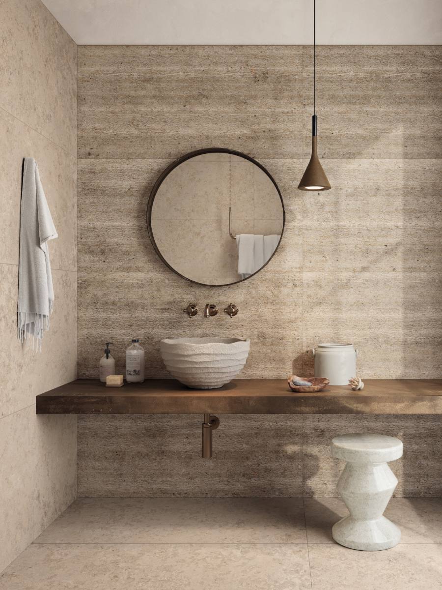 Stone effect decorative porcelain tile ABK Poetry Stone Carving Ecru, 60x120 cm, 8.5 mm, matt
