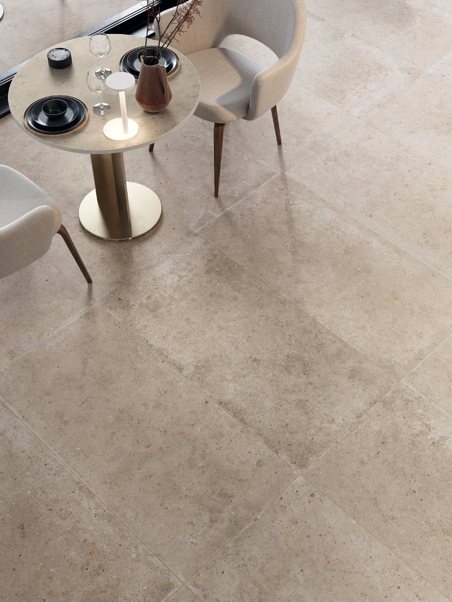 Stone effect porcelain floor tile ABK Poetry Stone Pirenei Ecru, 120x120 cm, 8.5 mm, natural matt, slip-resistant R10