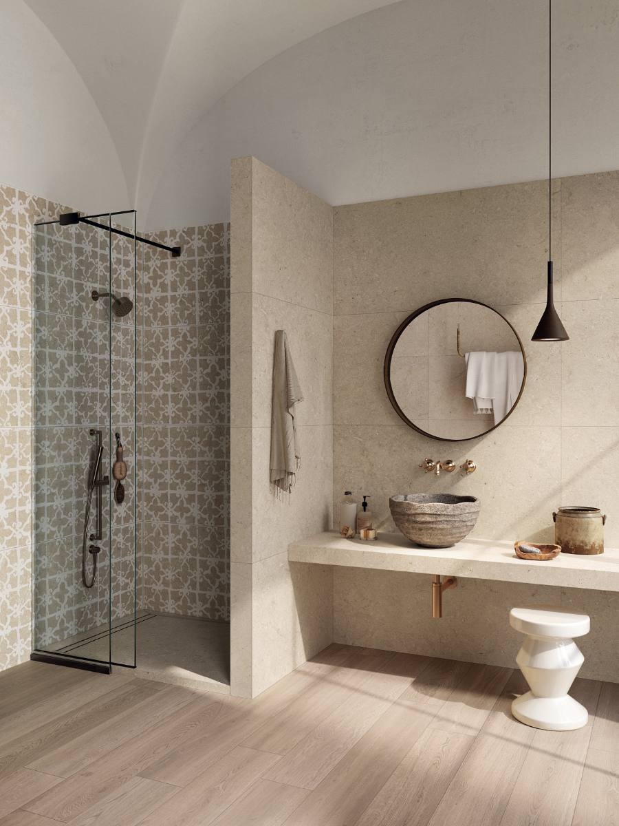 Stone effect decorative porcelain tile ABK Poetry Stone Stamp Beige, 60x120 cm, 8.5 mm, matt