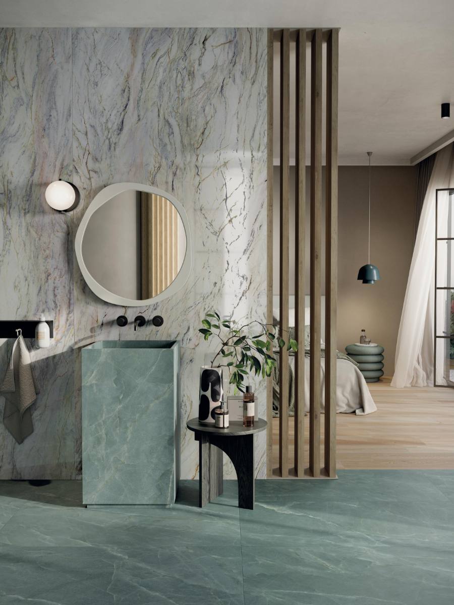 Marble effect porcelain tiles ABK Sensi Nuance Quarzite Fusion, 120x120 cm, 8.5 mm, polished 3D textured (lux 3D)