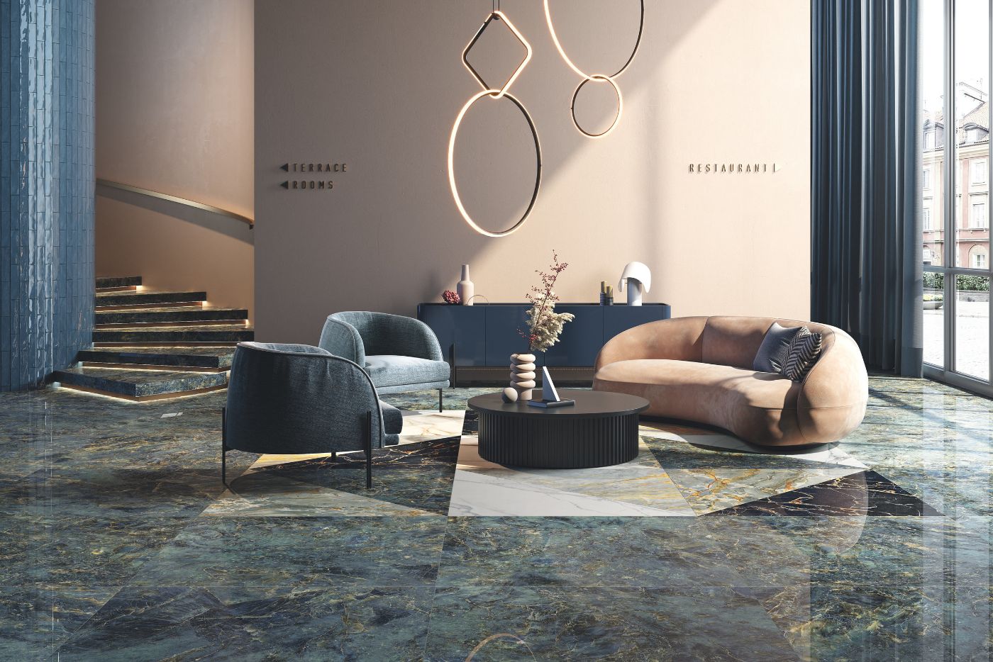 Marble effect porcelain tiles ABK Sensi Signoria Labradorite, 120x120 cm, 8.5 mm, natural matt, slip-resistant R10