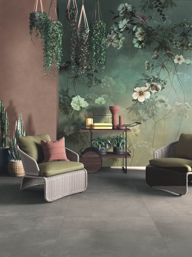 Patterned large porcelain decor slab ABK Wide&Style Country Flowers Pink B, 120x280 cm, 6 mm, matt