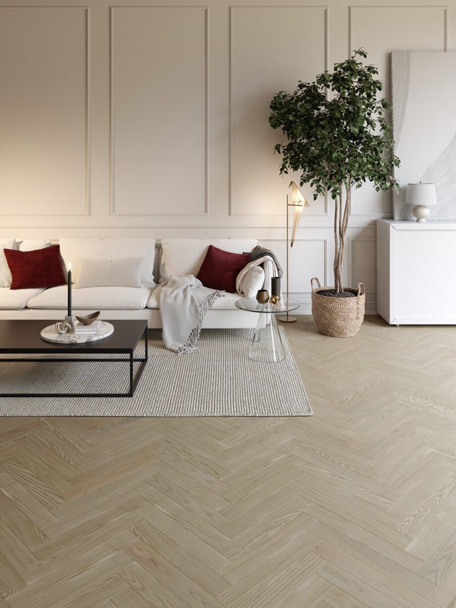 Ash Herringbone Flooring Esta Elegant Sandstone Original 700 mm extra matt lacquered – close-up Ash Herringbone Flooring Esta Elegant Sandstone Original 700 mm extra matt lacquered – 3