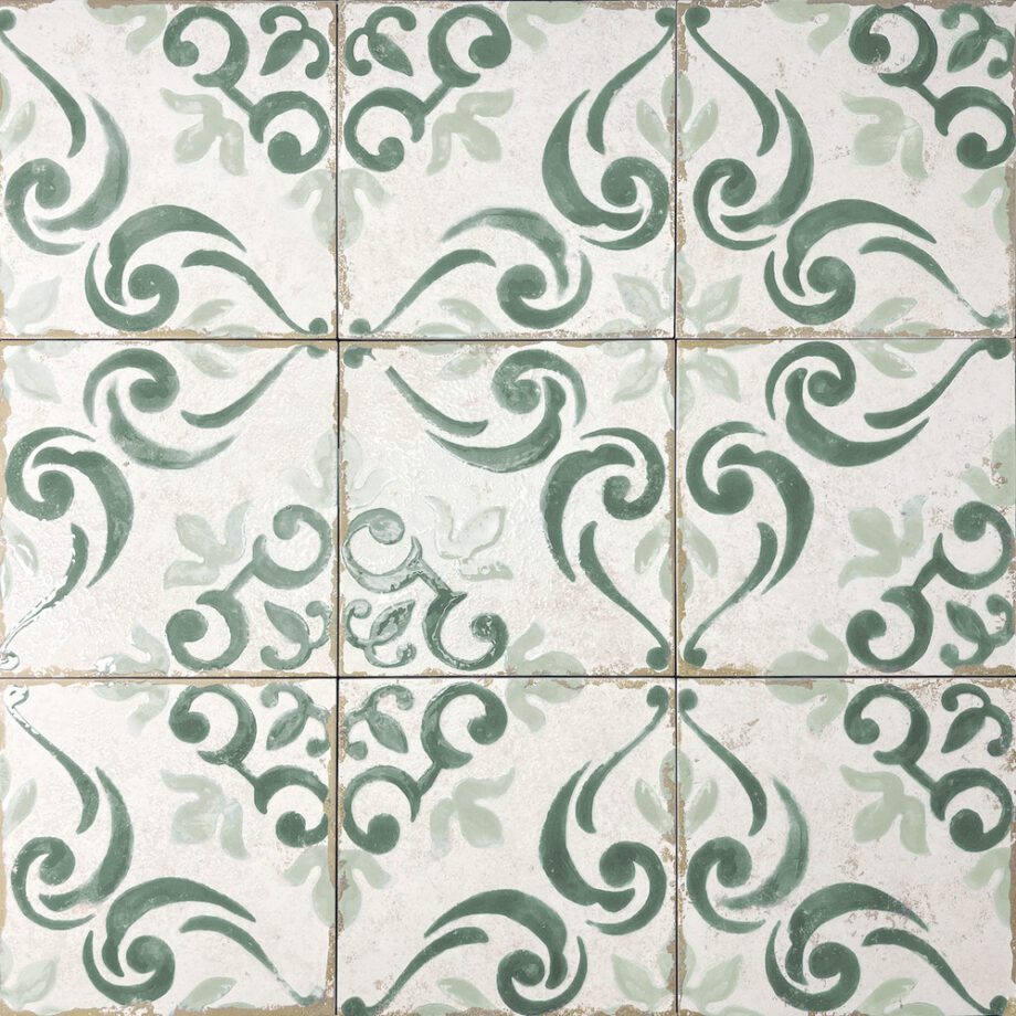 189208-2 Valencia hüdroplaadi mustriga portselanplaat Dune Antiga Barraquetes Verde, 20x20 cm, 9 mm, roheline